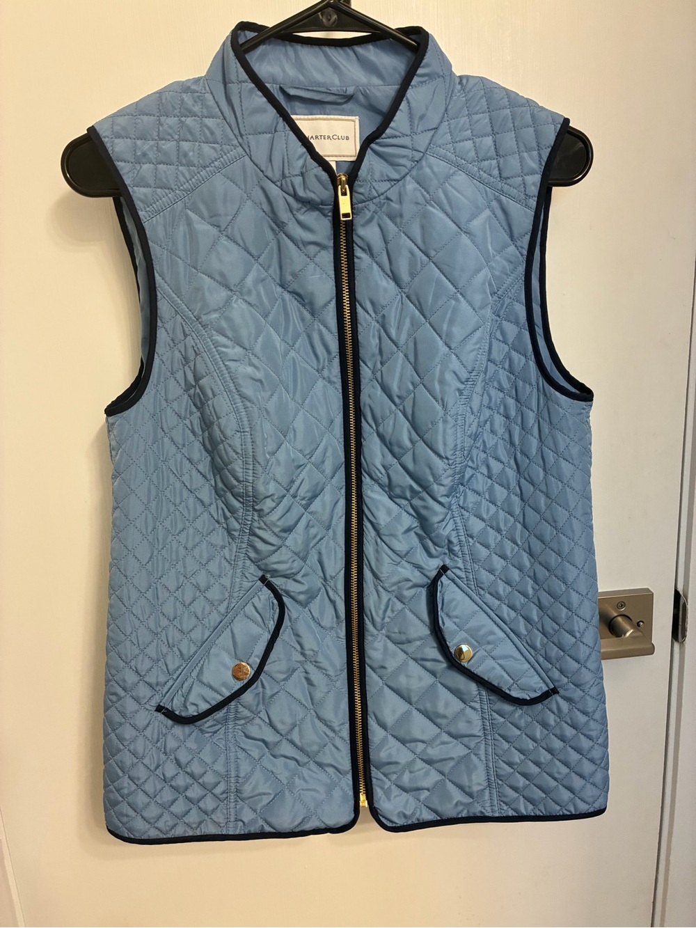 Charter Club Sky Blue Quilted Vest with Navy Trim